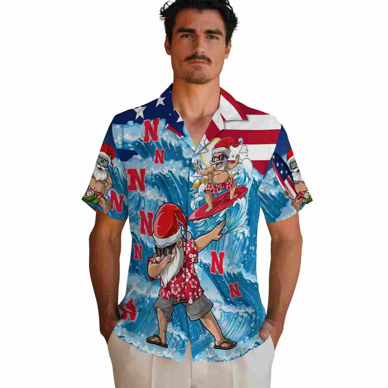 nebraska cornhuskers surfing santa blue hawaiian shirt fashion forward