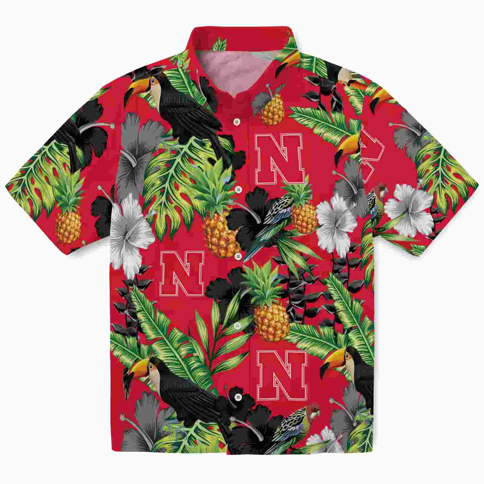 Nebraska Cornhuskers Toucan Hibiscus Pineapple Red Green Hawaiian Shirt