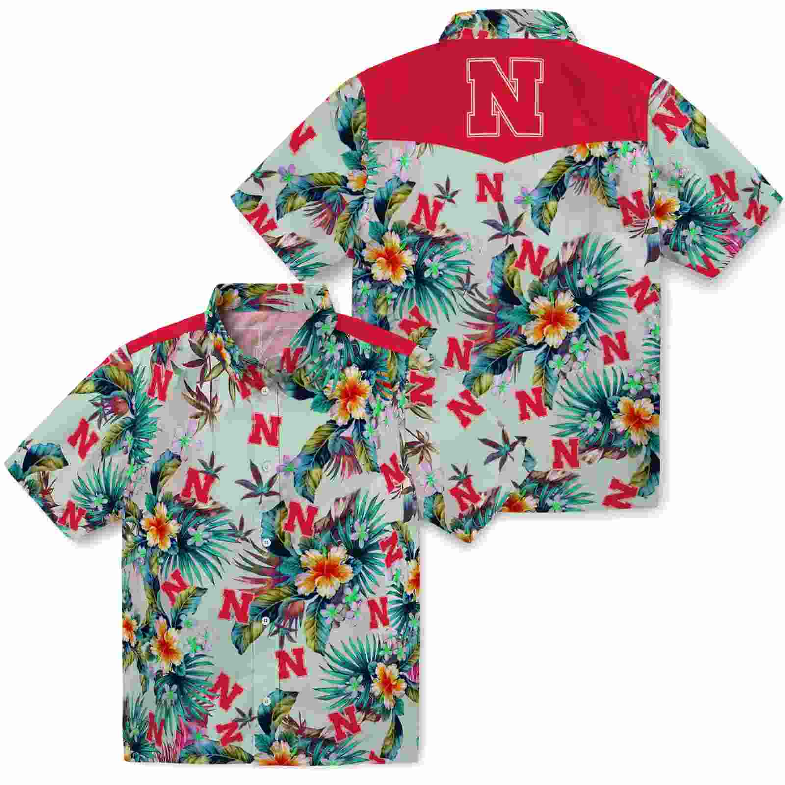 nebraska cornhuskers tropical foliage green hawaiian shirt high quality