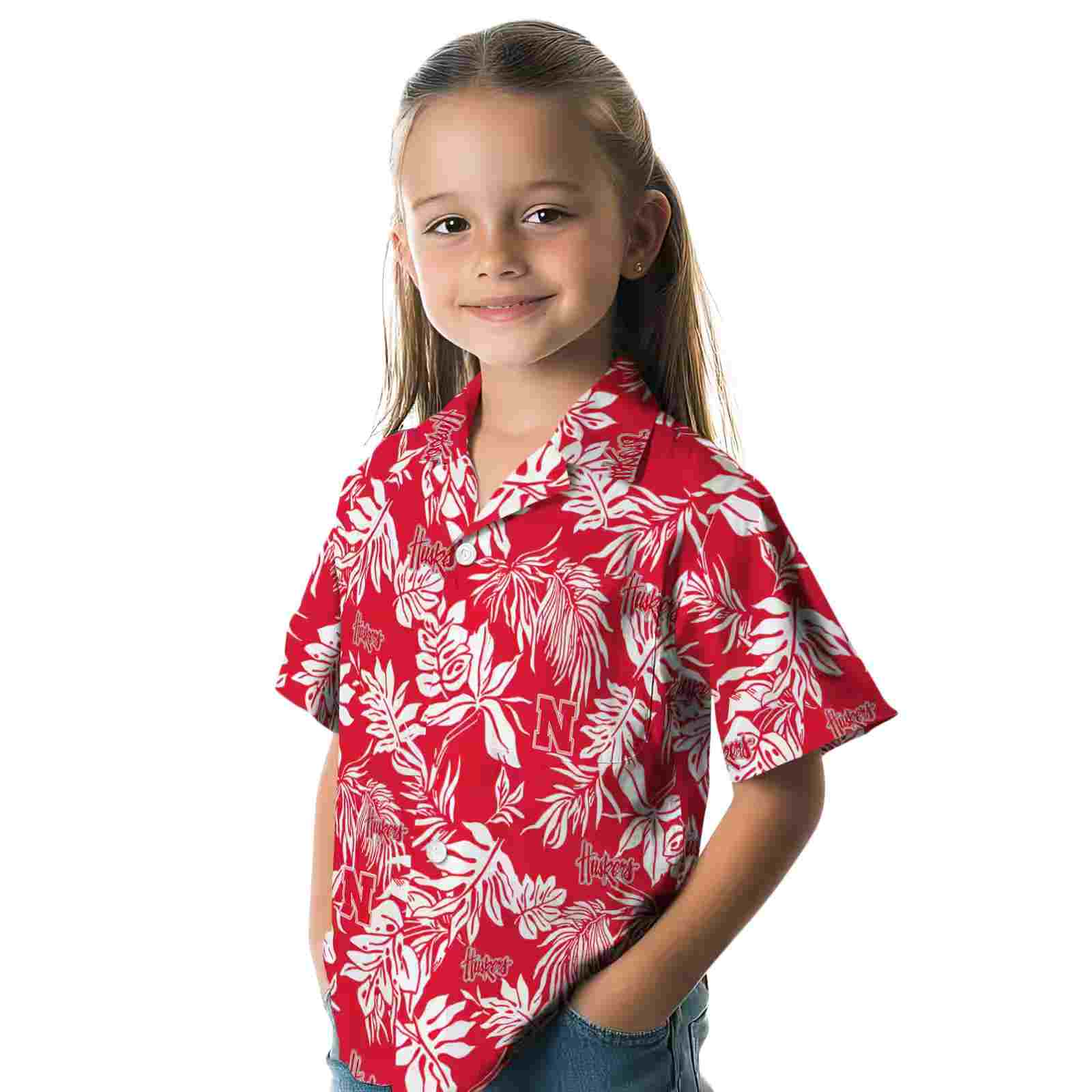 nebraska cornhuskers tropical leaf red white hawaiian shirt premium grade