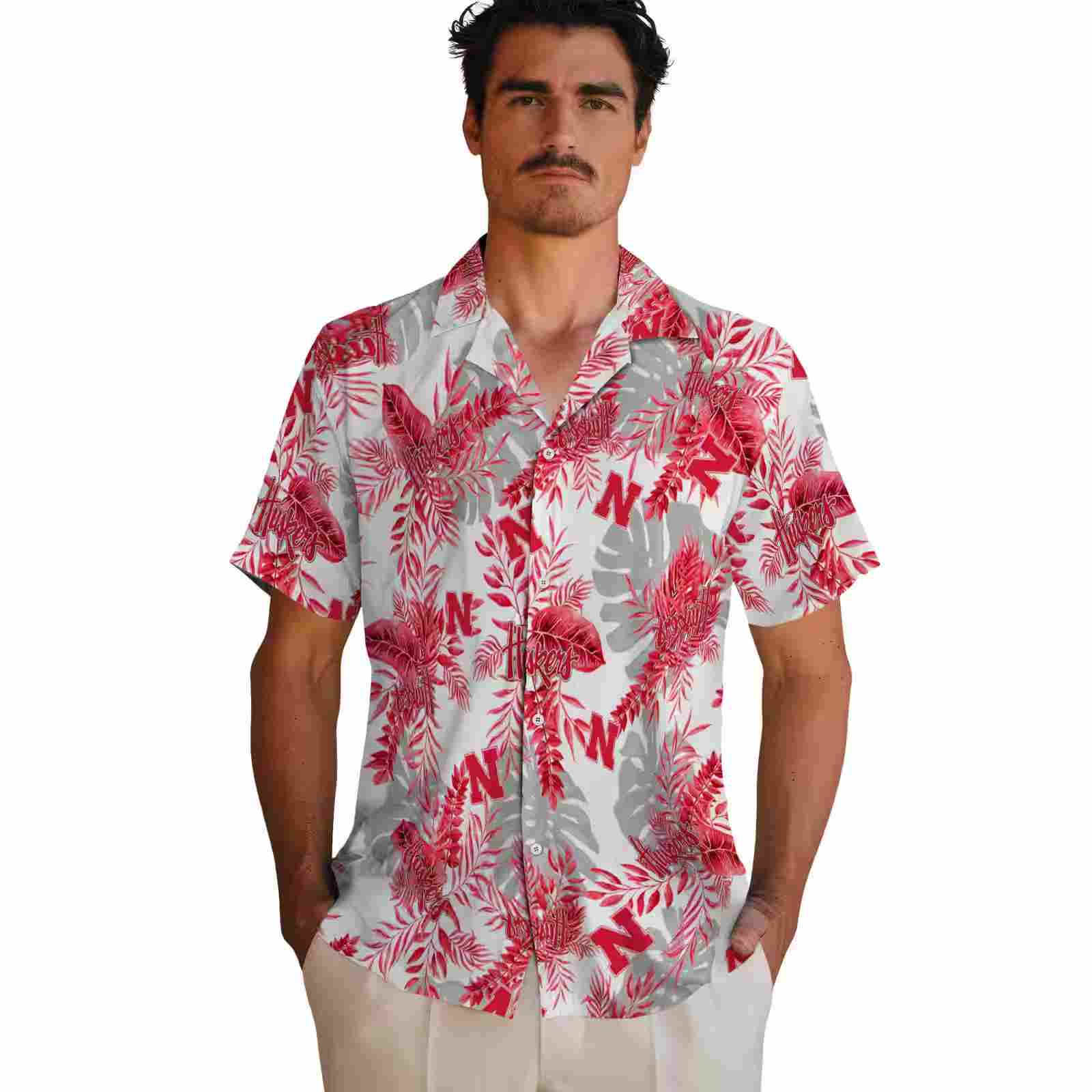 nebraska cornhuskers tropical leaves red white hawaiian shirt fashion forward