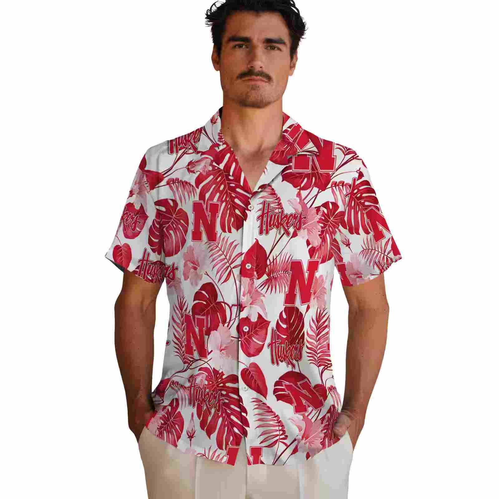 nebraska cornhuskers tropical plants red white hawaiian shirt fashion forward