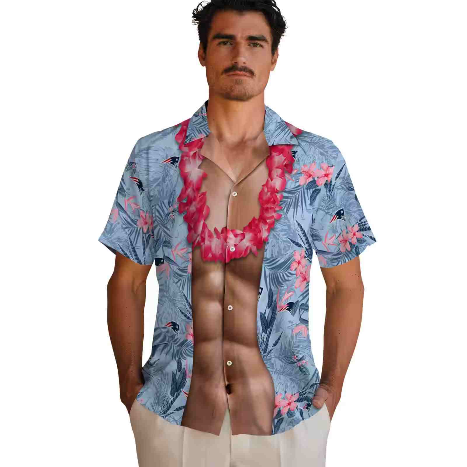 new england patriots chest illusion blue hawaiian shirt fashion forward