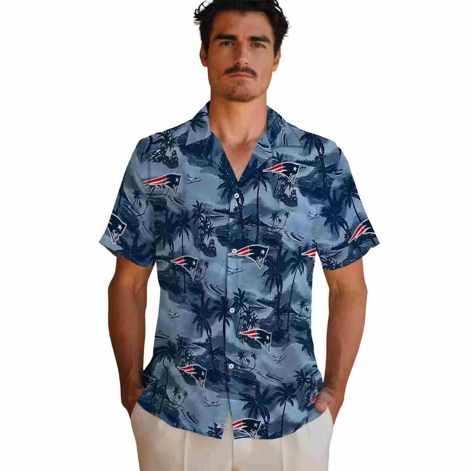 new england patriots coastal palms blue hawaiian shirt fashion forward