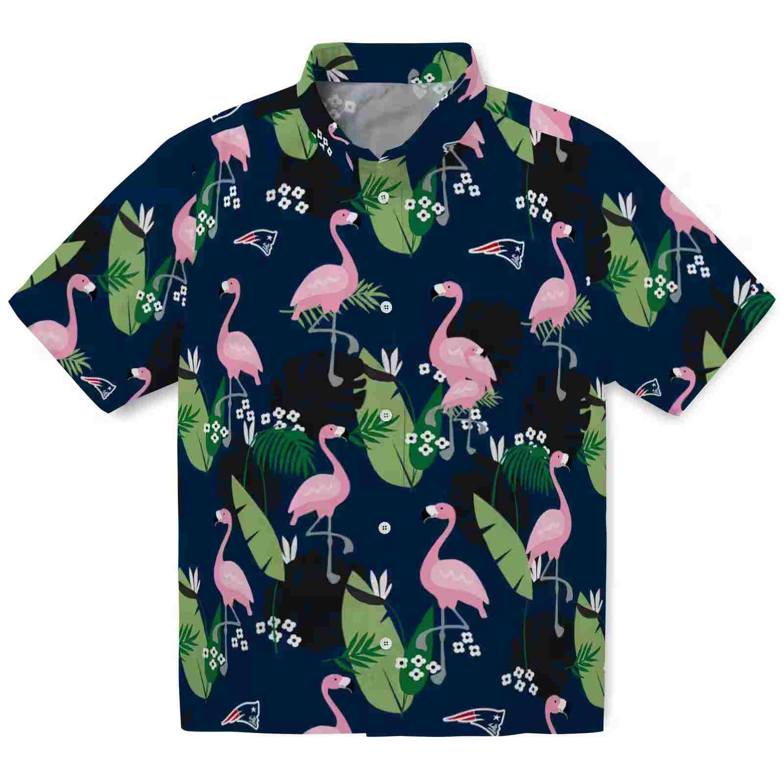 New England Patriots Flamingo Leaf Motif Blue Hawaiian Shirt