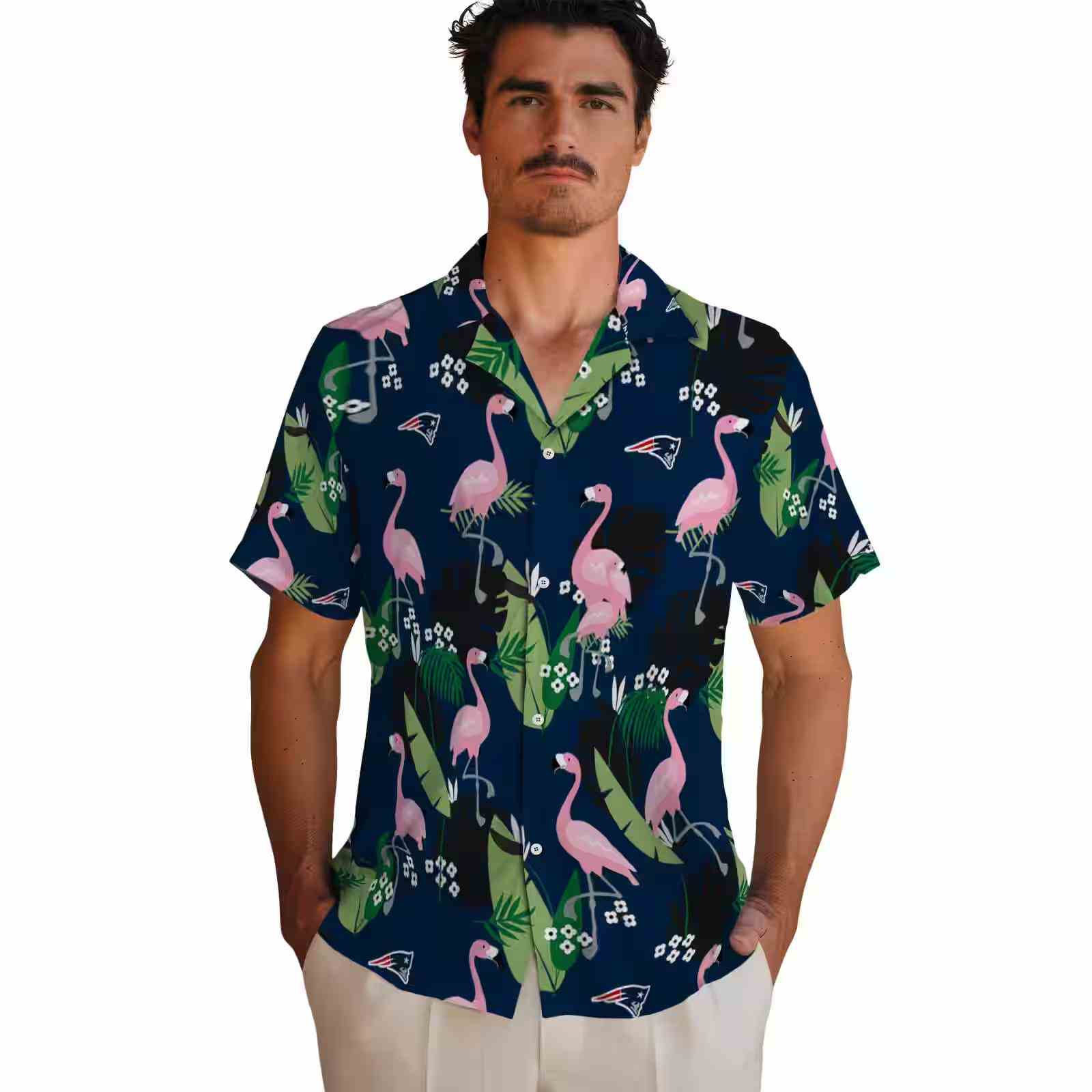 new england patriots flamingo leaf motif blue hawaiian shirt fashion forward