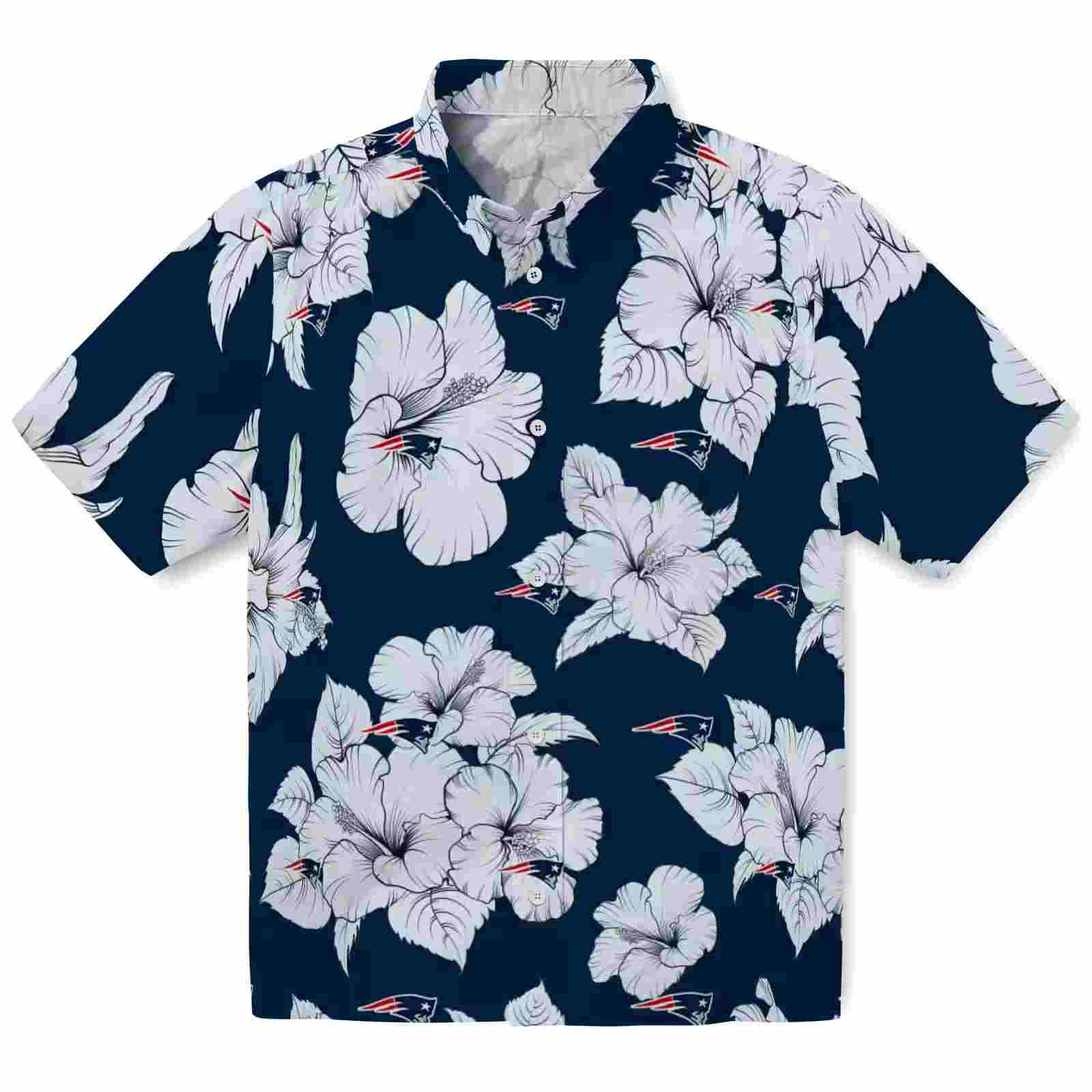 New England Patriots Hibiscus Blooms Blue White Hawaiian Shirt