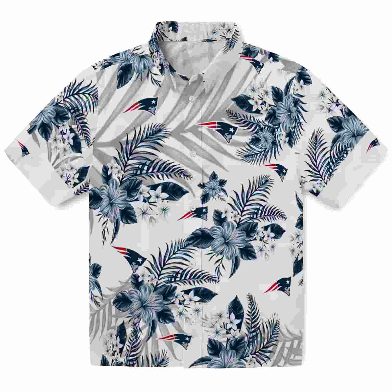 New England Patriots Hibiscus Palm Leaves Blue White Hawaiian Shirt