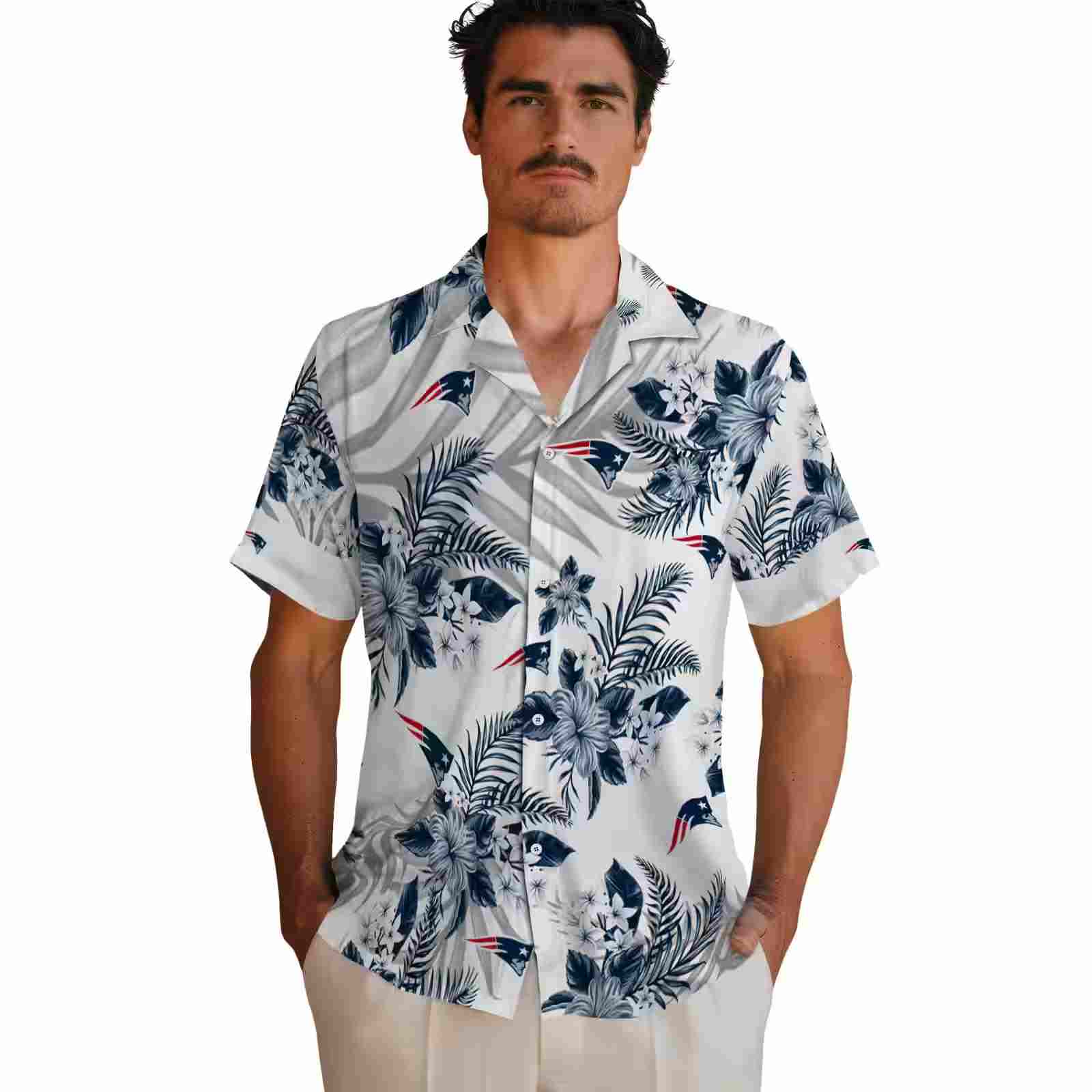 new england patriots hibiscus palm leaves blue white hawaiian shirt fashion forward