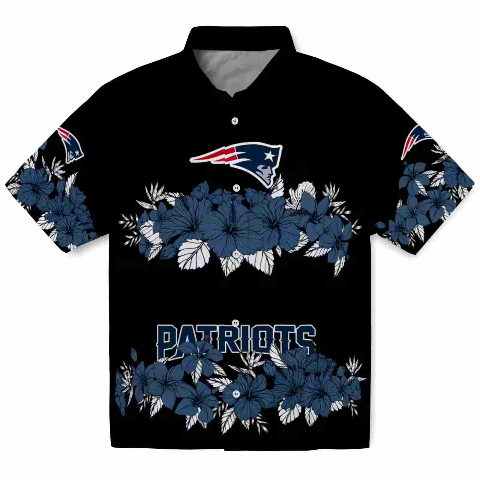 New England Patriots Hibiscus Stripe Blue Black Hawaiian Shirt