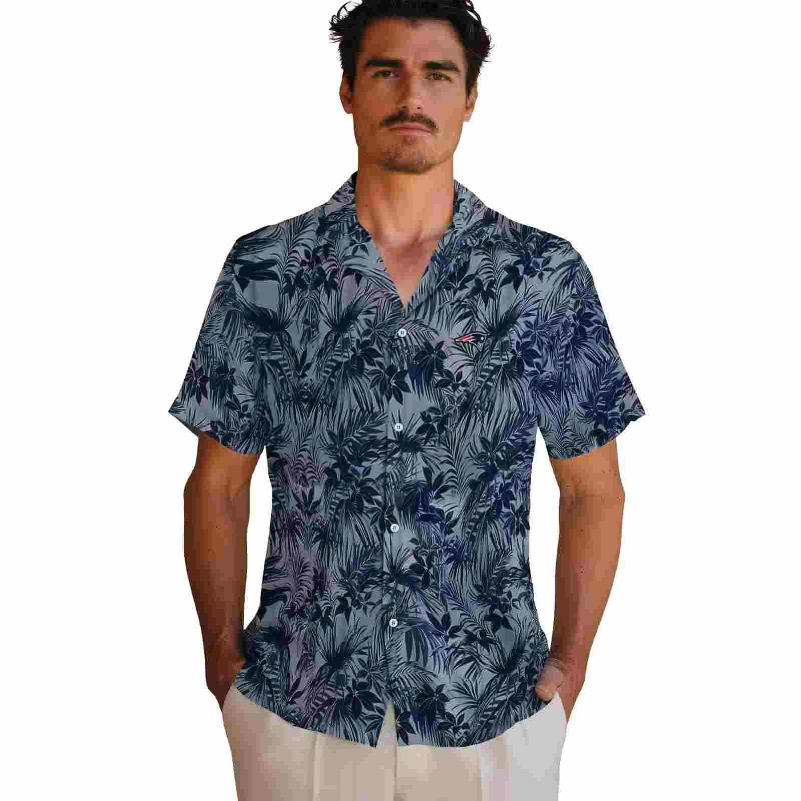 new england patriots leafy pattern blue hawaiian shirt fashion forward