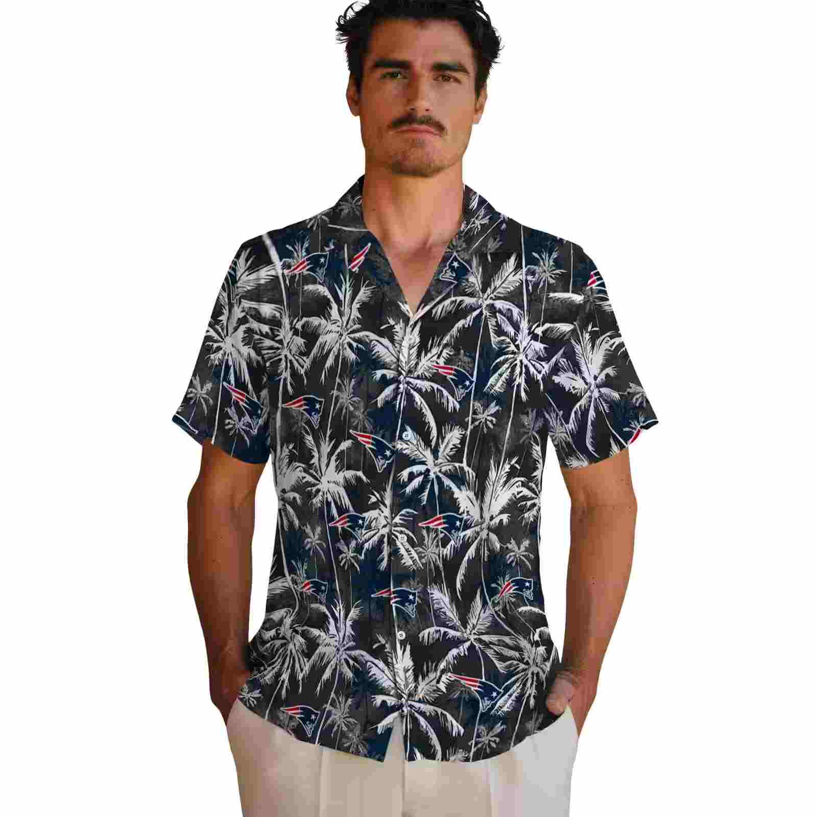 new england patriots palm pattern blue black hawaiian shirt fashion forward