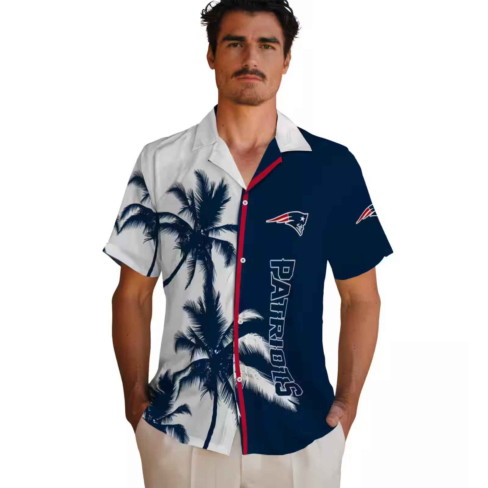 new england patriots palm trees blue white hawaiian shirt fashion forward