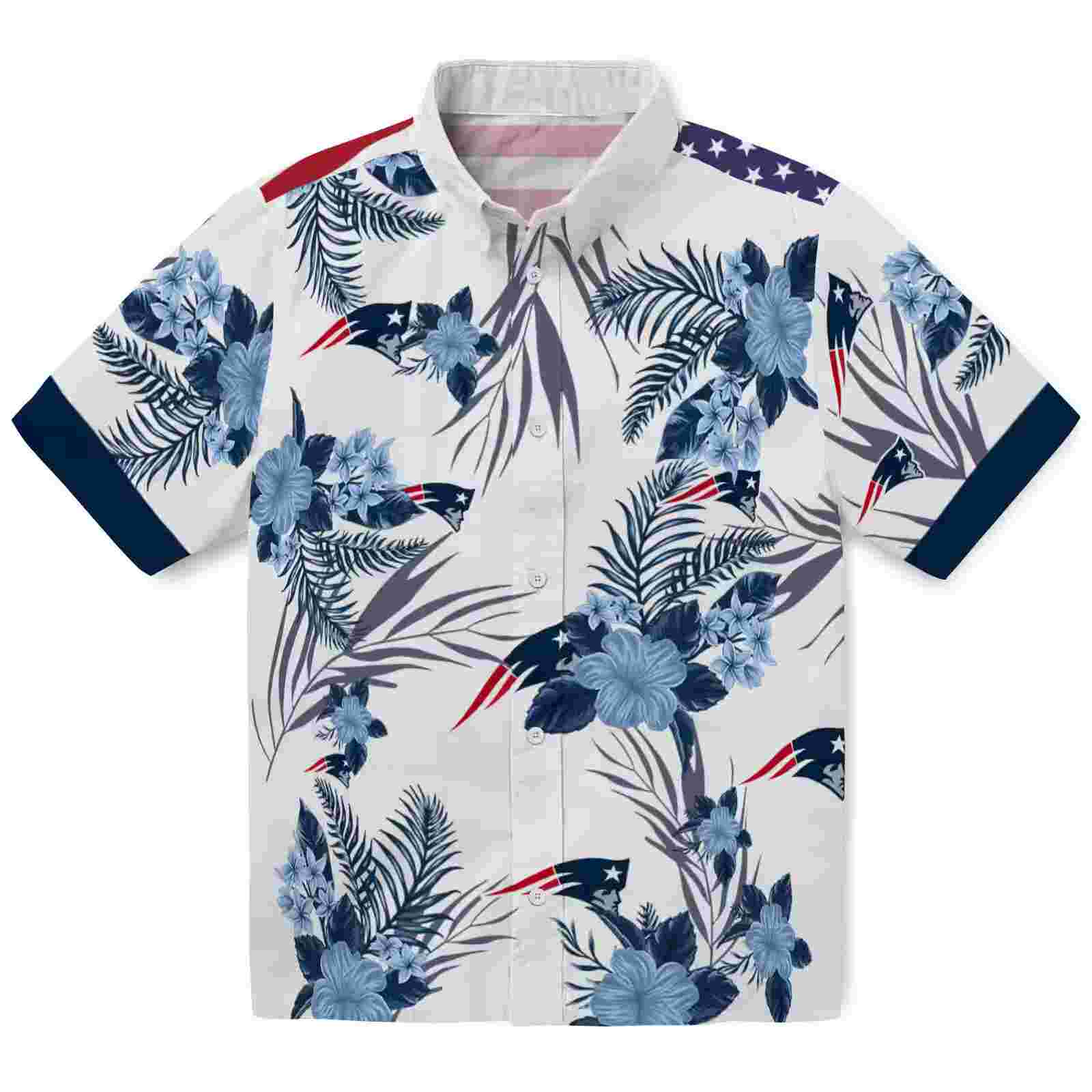 New England Patriots Patriotic Hibiscus Design Blue White Hawaiian Shirt