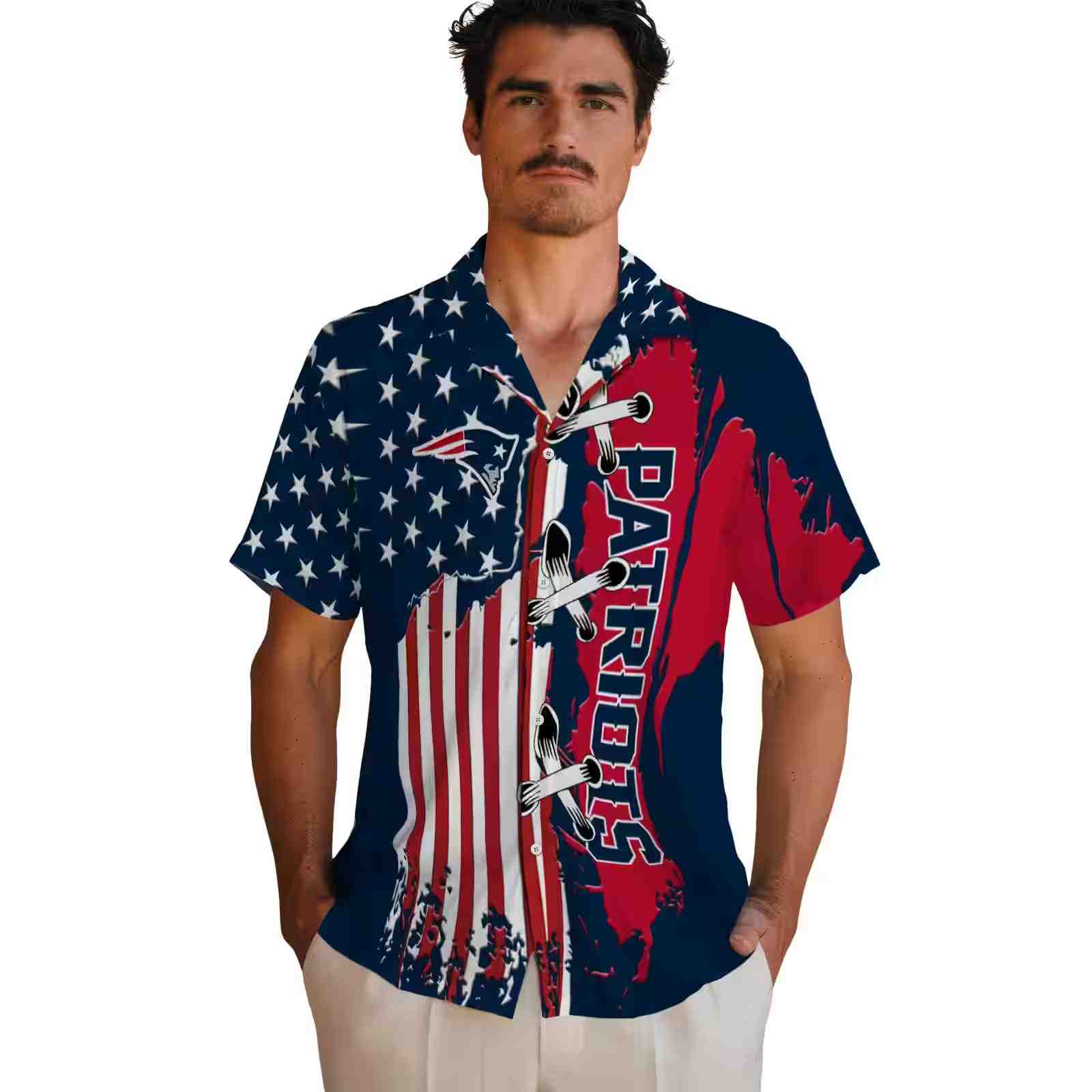 new england patriots stitched flag blue hawaiian shirt fashion forward