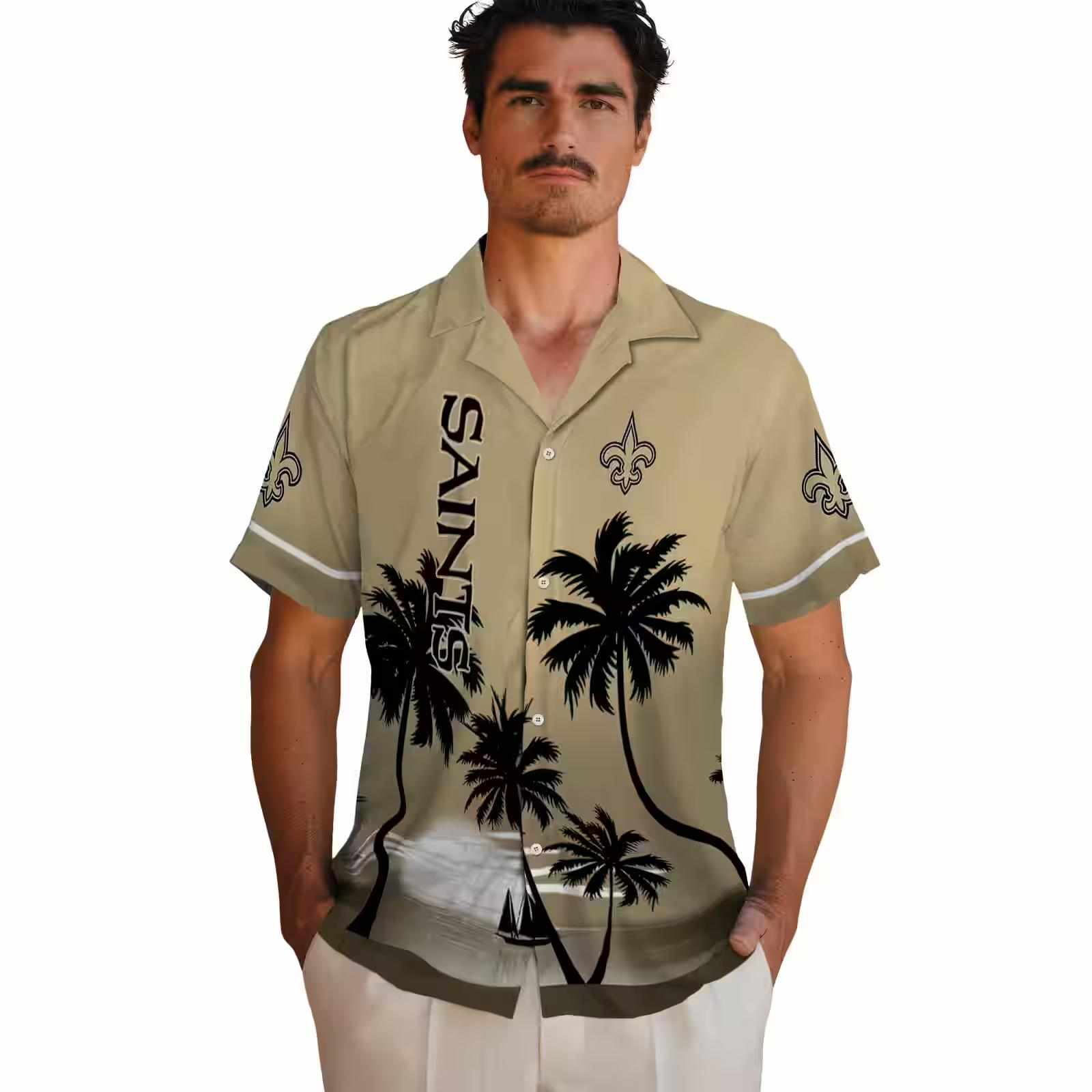 new orleans saints beach sunset gold black hawaiian shirt fashion forward