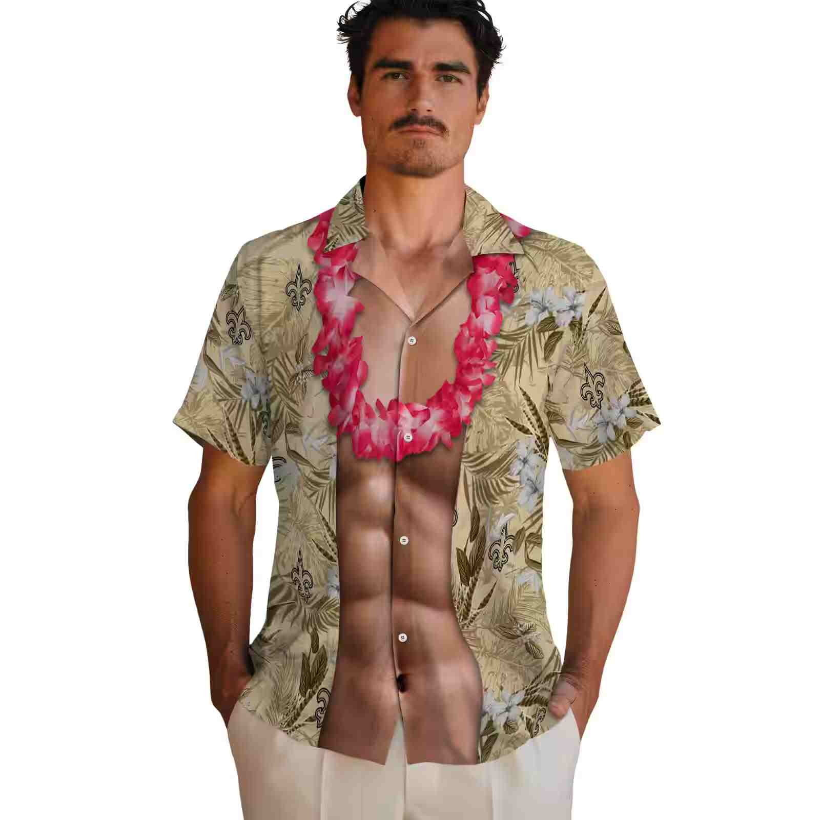 new orleans saints chest illusion gold hawaiian shirt fashion forward