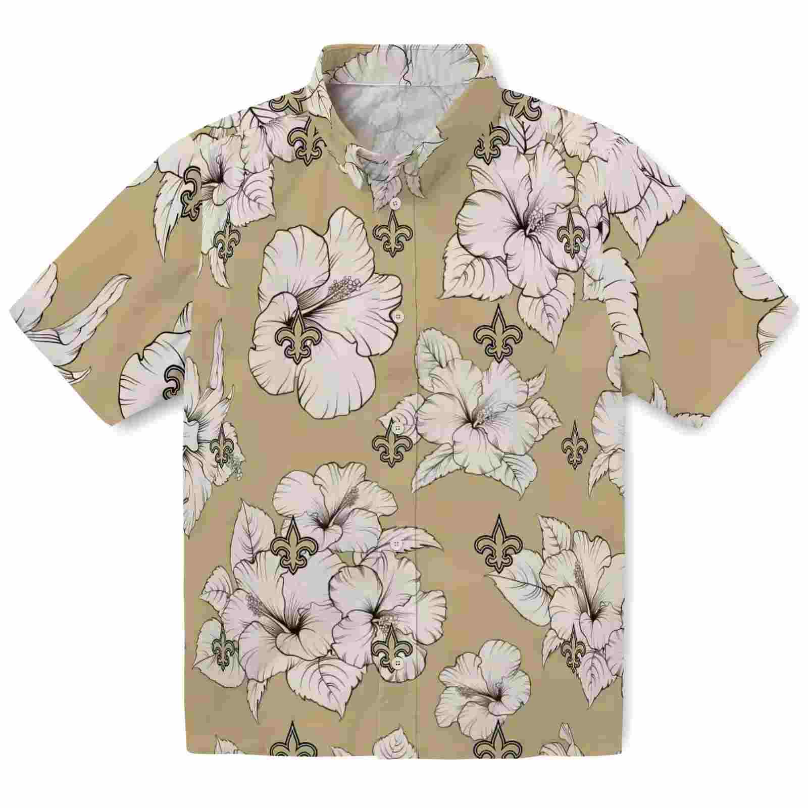 New Orleans Saints Hibiscus Blooms Gold White Hawaiian Shirt