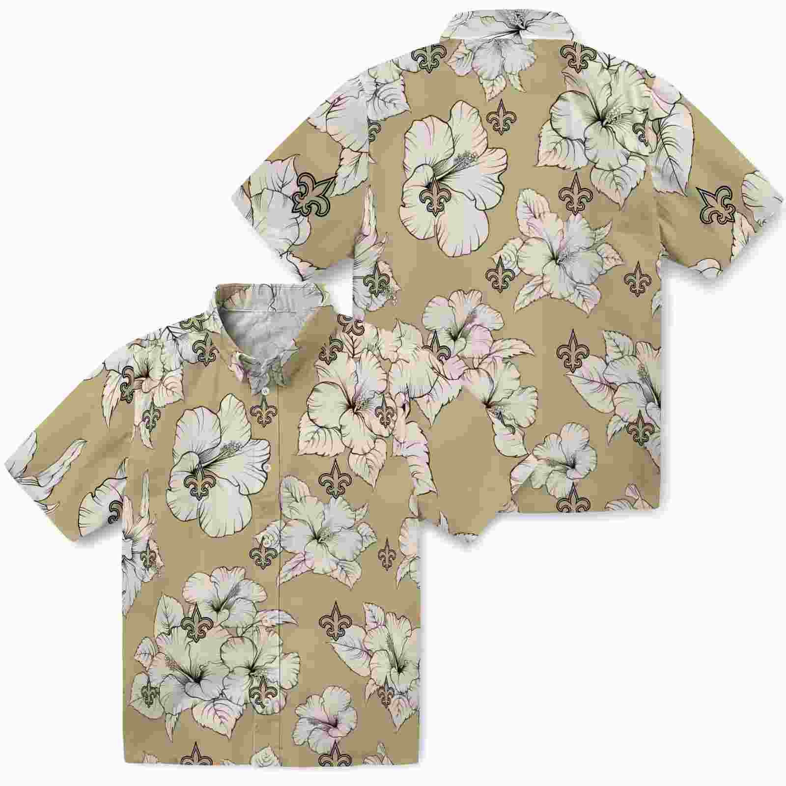 new orleans saints hibiscus blooms gold white hawaiian shirt high quality