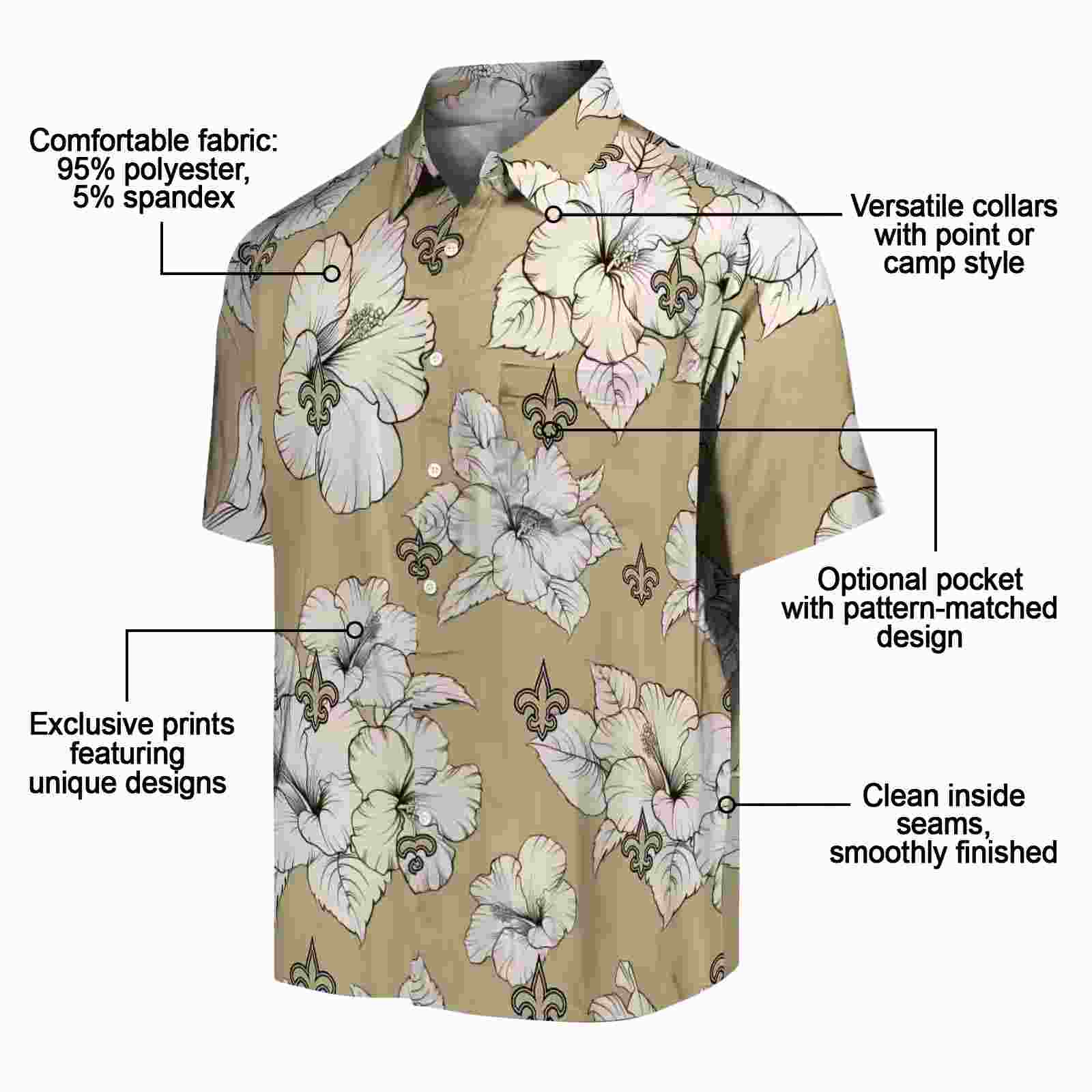 new orleans saints hibiscus blooms gold white hawaiian shirt new arrival