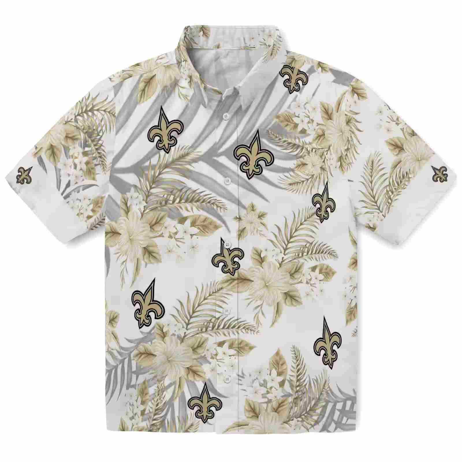 New Orleans Saints Hibiscus Palm Leaves Gold White Hawaiian Shirt