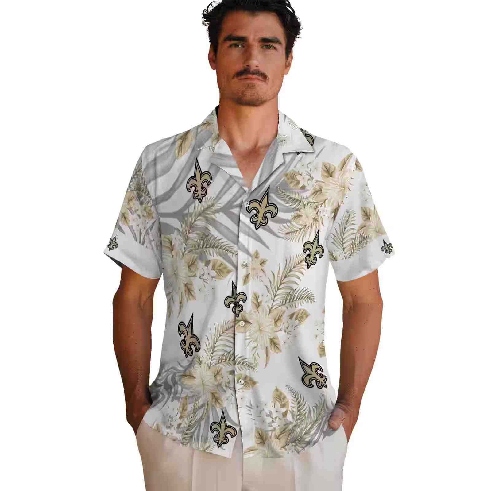 new orleans saints hibiscus palm leaves gold white hawaiian shirt fashion forward