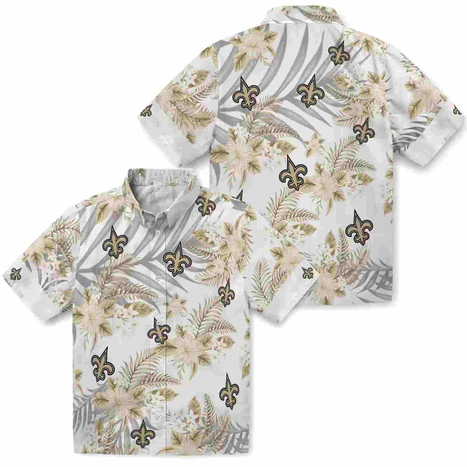 new orleans saints hibiscus palm leaves gold white hawaiian shirt high quality