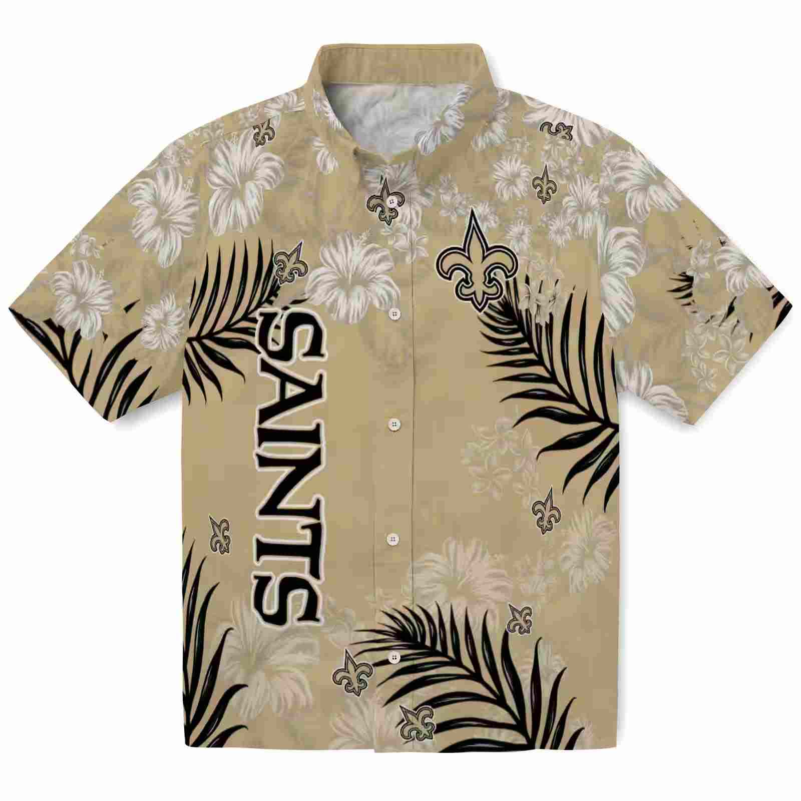 New Orleans Saints Hibiscus Print Gold Hawaiian Shirt