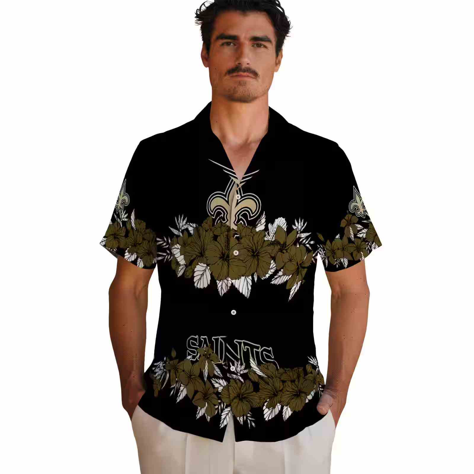 new orleans saints hibiscus stripe gold black hawaiian shirt fashion forward