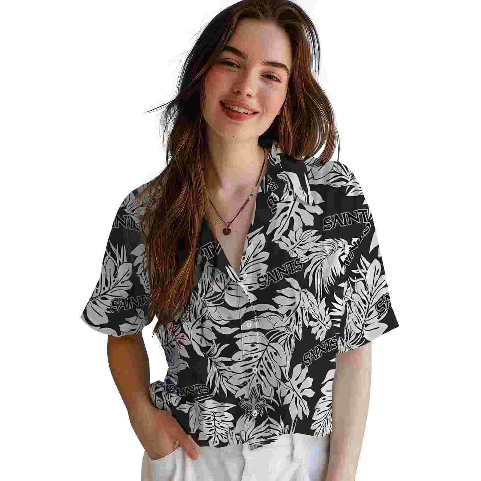 new orleans saints monstera leaf pattern black hawaiian shirt latest model