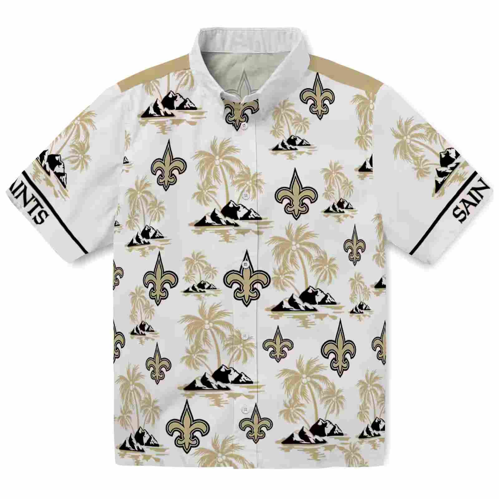 New Orleans Saints Palm Island Print Gold White Hawaiian Shirt