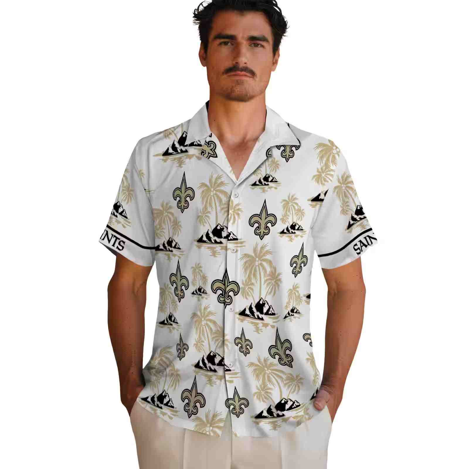 new orleans saints palm island print gold white hawaiian shirt fashion forward