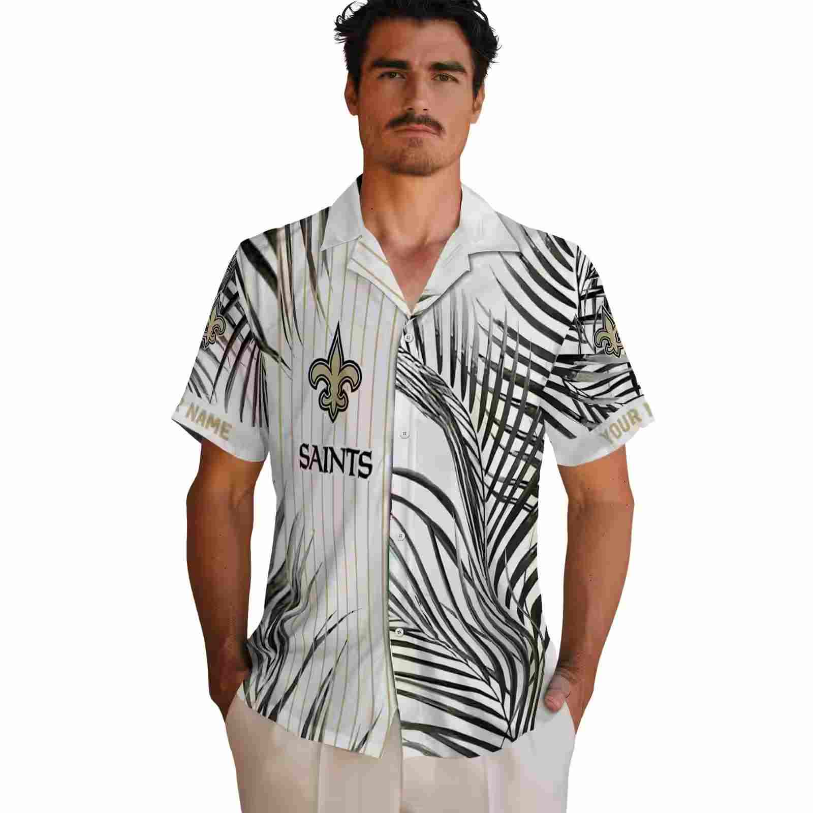 new orleans saints palm stripes gold black white hawaiian shirt fashion forward