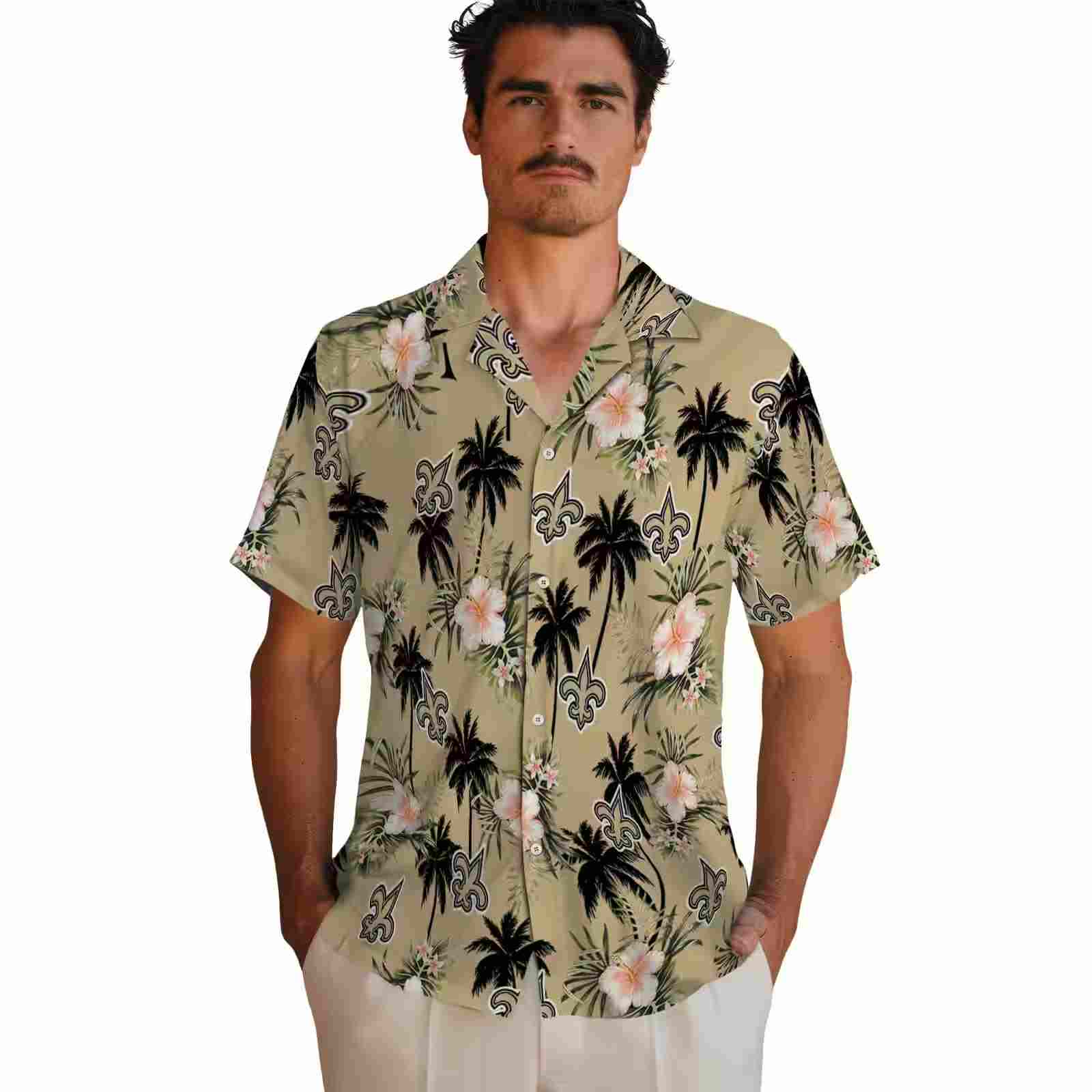 new orleans saints palm tree flower gold hawaiian shirt fashion forward