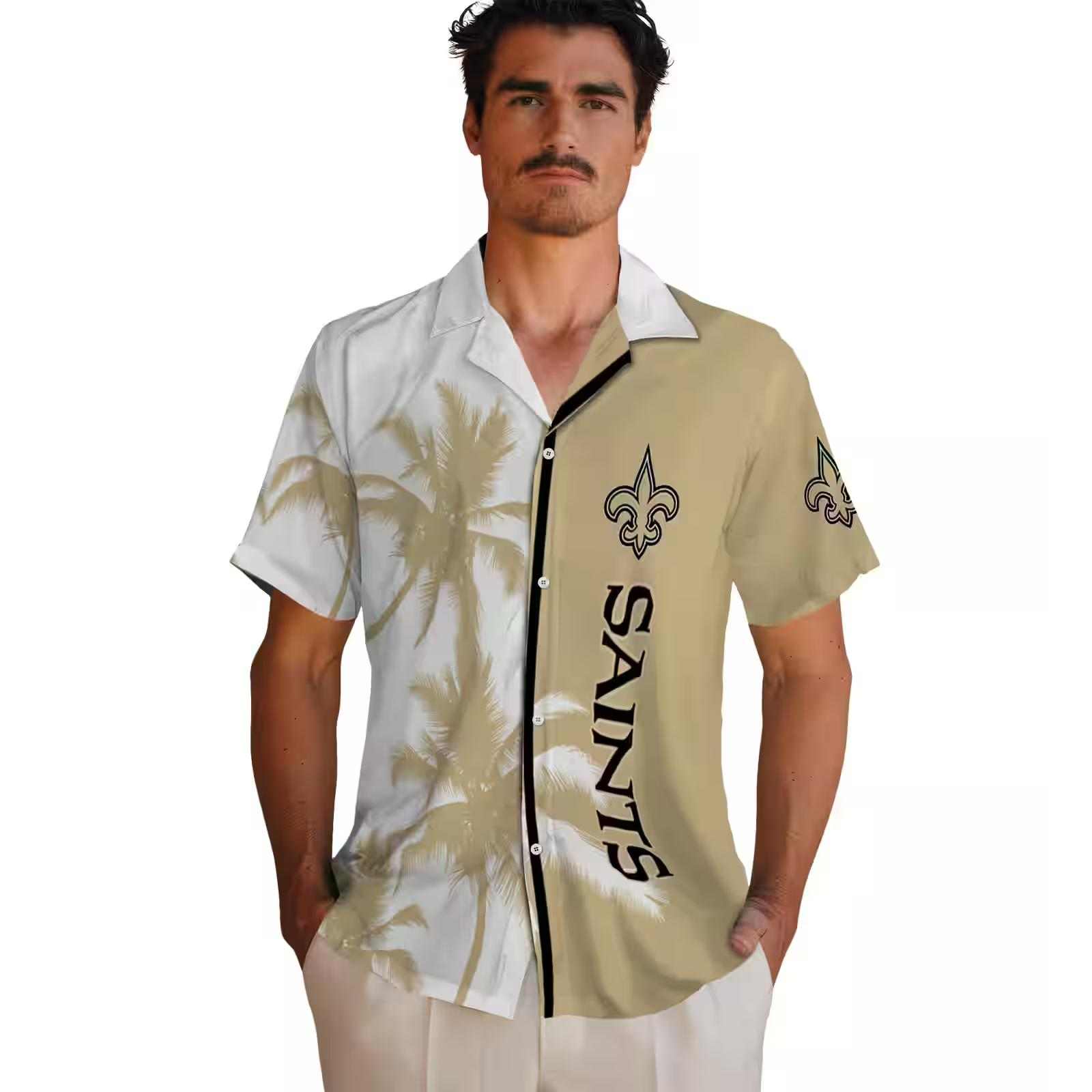 new orleans saints palm trees gold white hawaiian shirt fashion forward