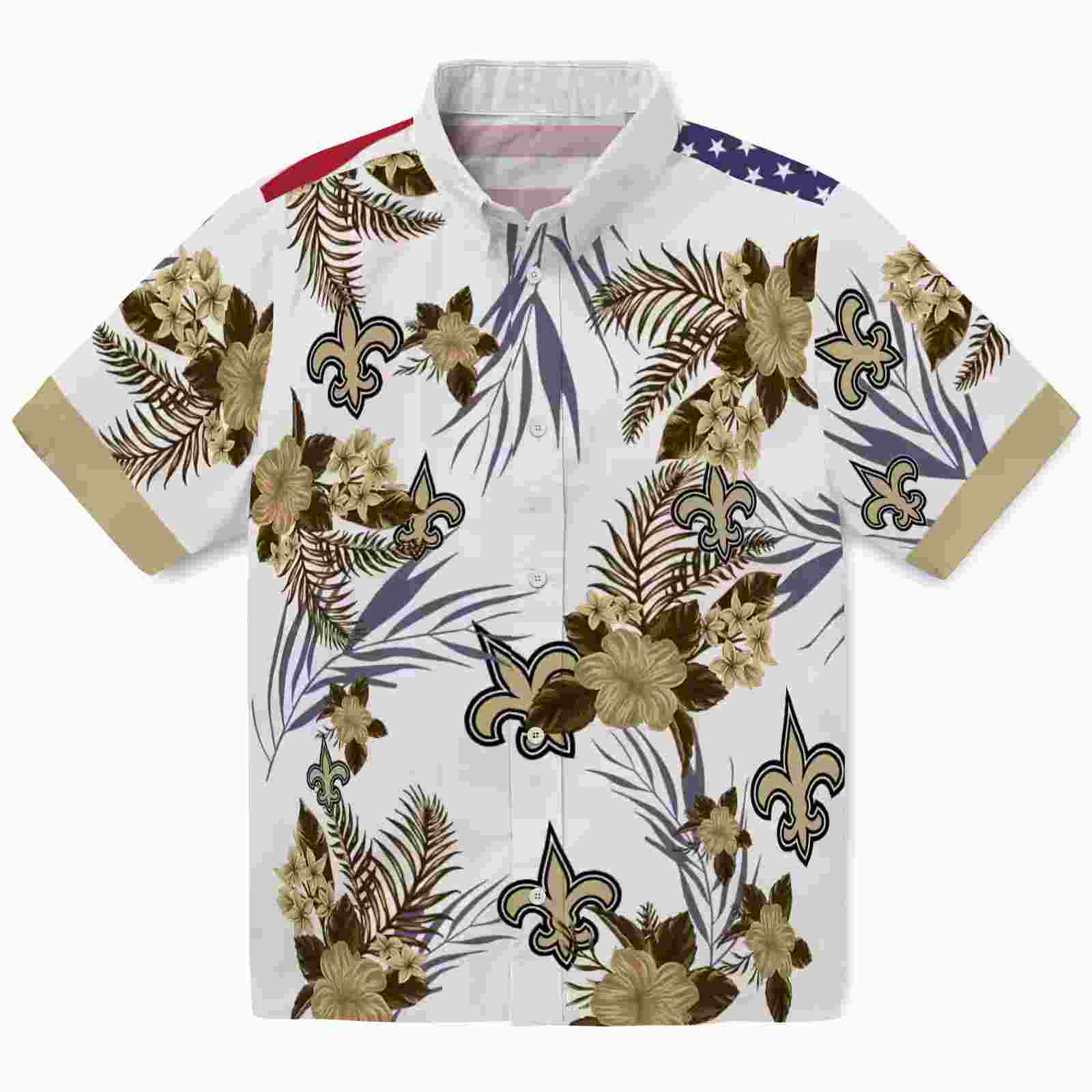 New Orleans Saints Patriotic Hibiscus Design Gold White Hawaiian Shirt