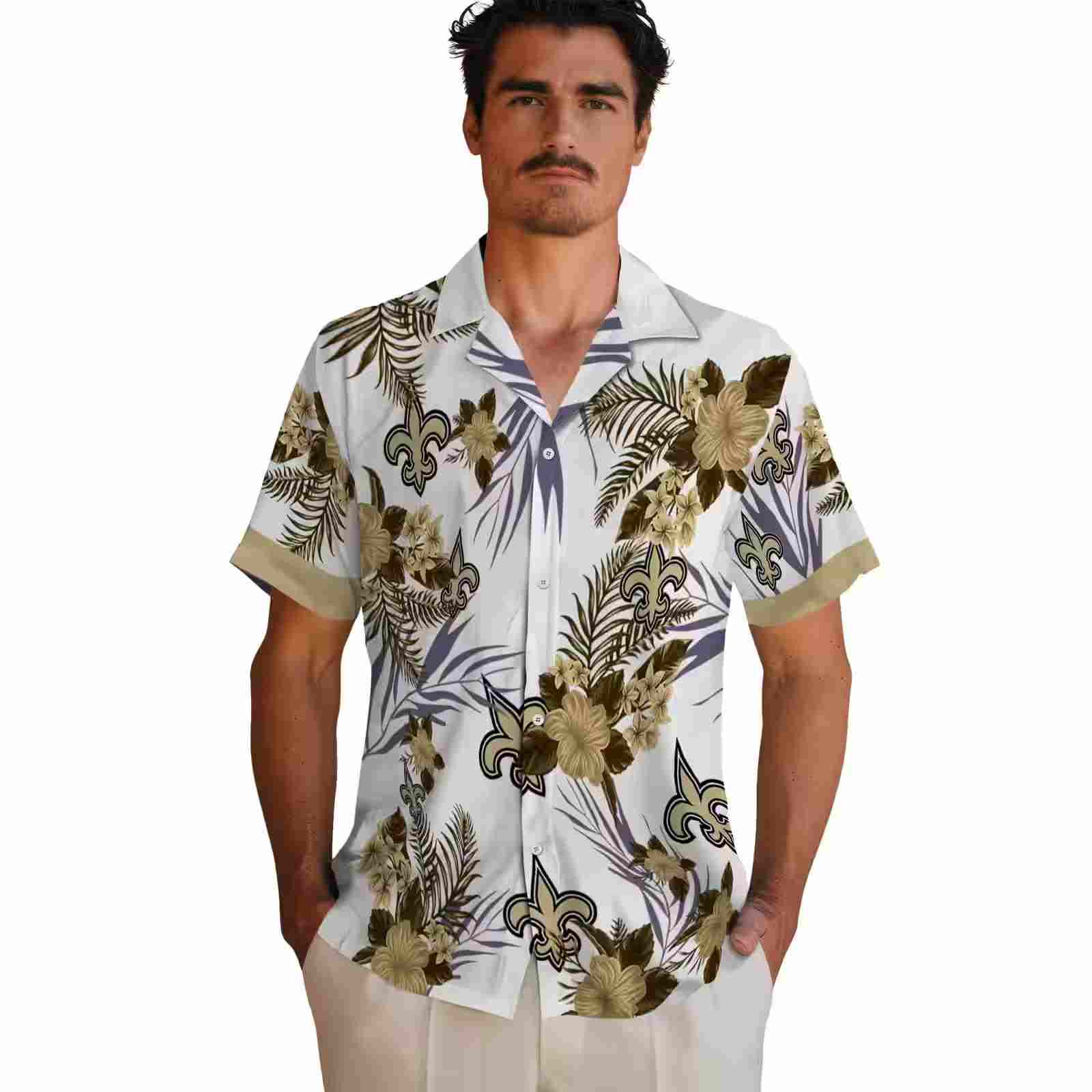 new orleans saints patriotic hibiscus design gold white hawaiian shirt fashion forward