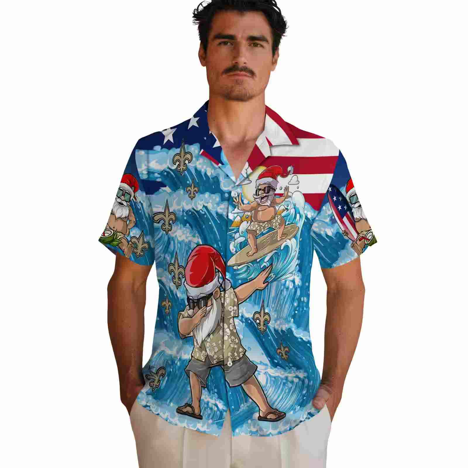 new orleans saints surfing santa blue hawaiian shirt fashion forward