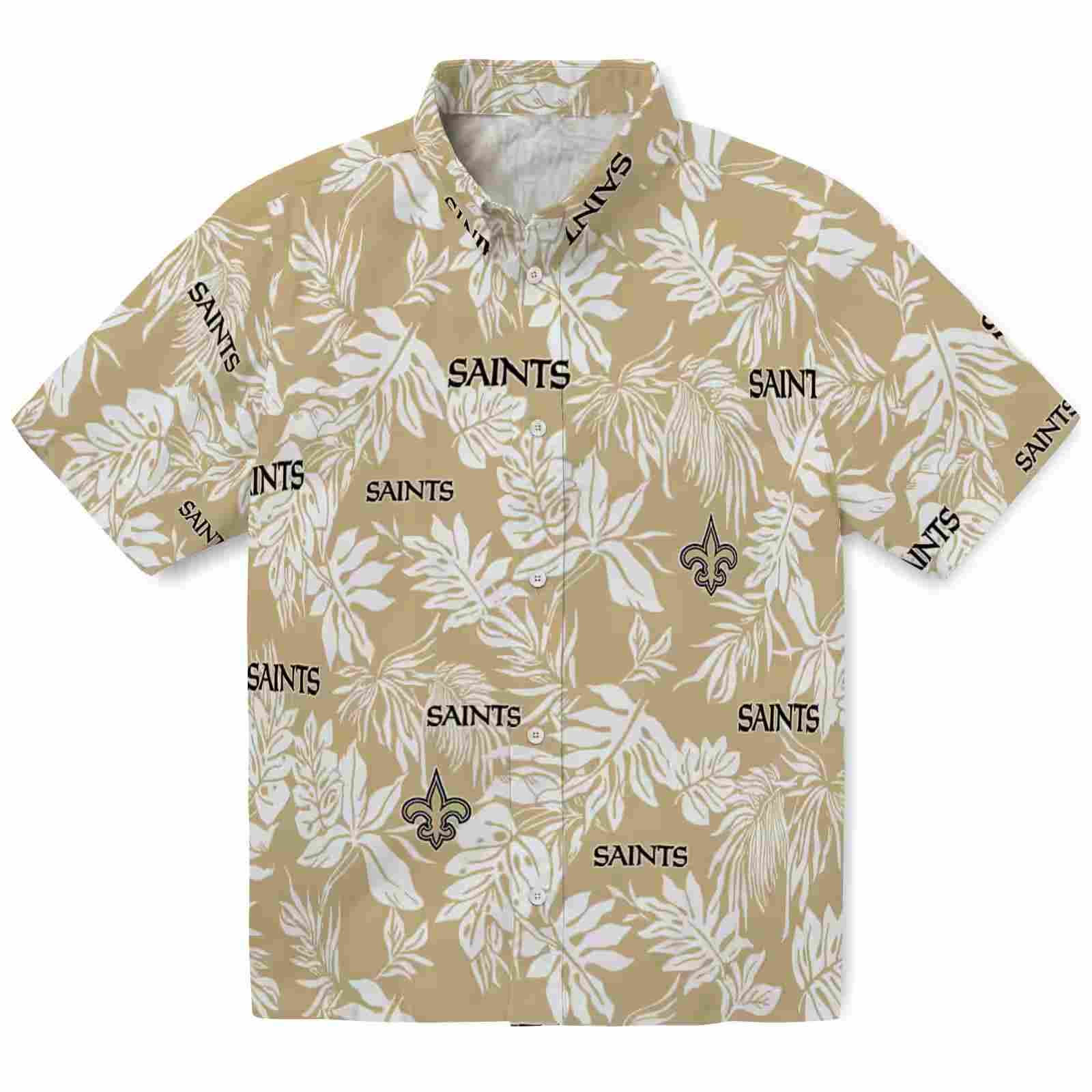 New Orleans Saints Tropical Leaf Gold White Hawaiian Shirt