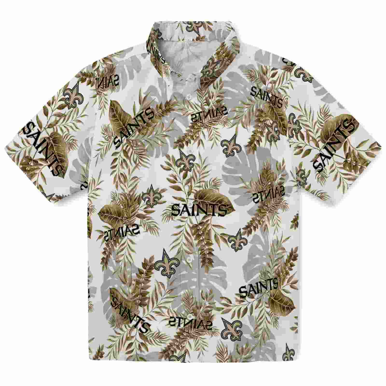 New Orleans Saints Tropical Leaves Gold White Hawaiian Shirt