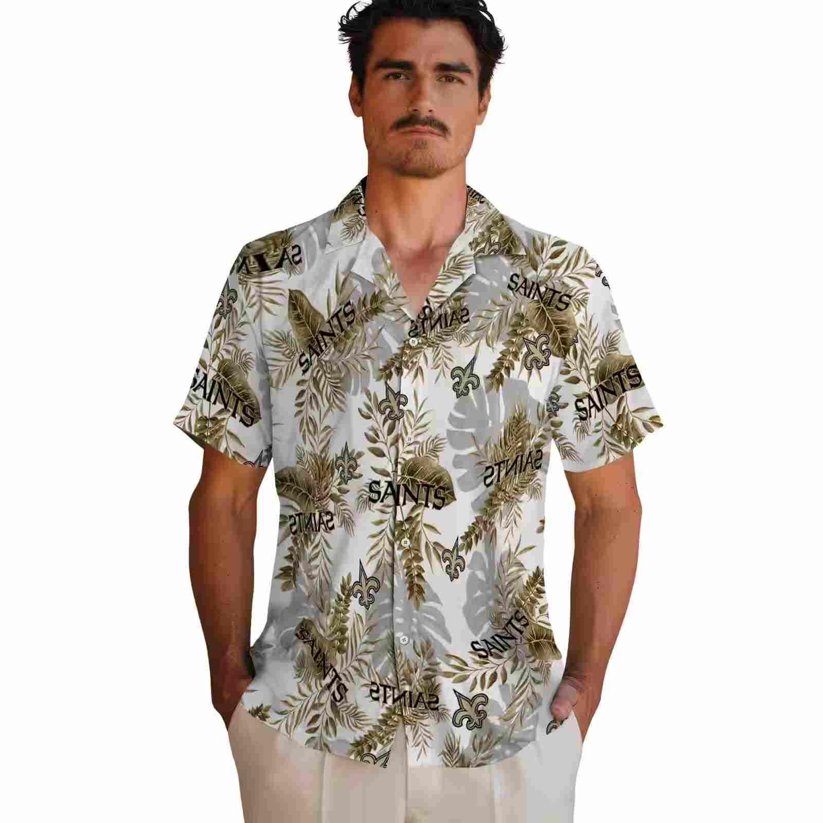 new orleans saints tropical leaves gold white hawaiian shirt fashion forward