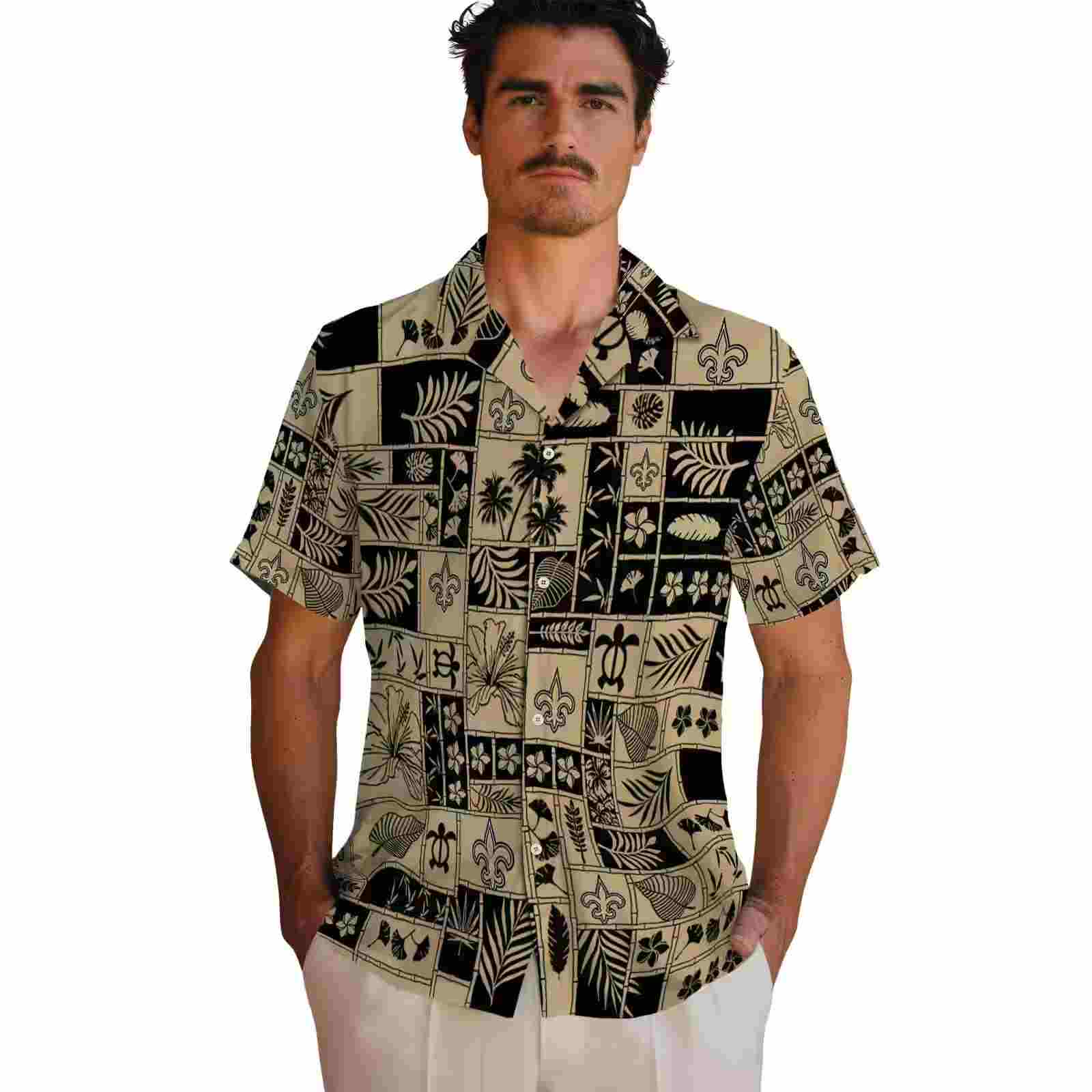 new orleans saints tropical patchwork gold black hawaiian shirt fashion forward