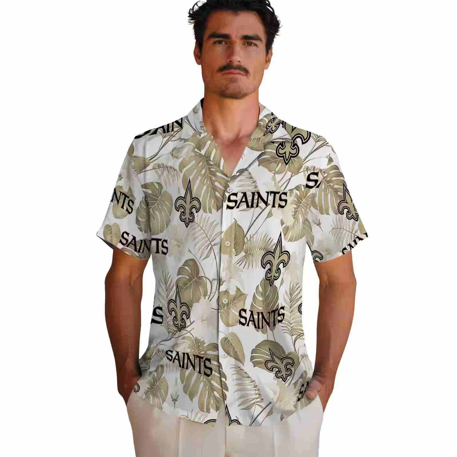 new orleans saints tropical plants gold white hawaiian shirt fashion forward