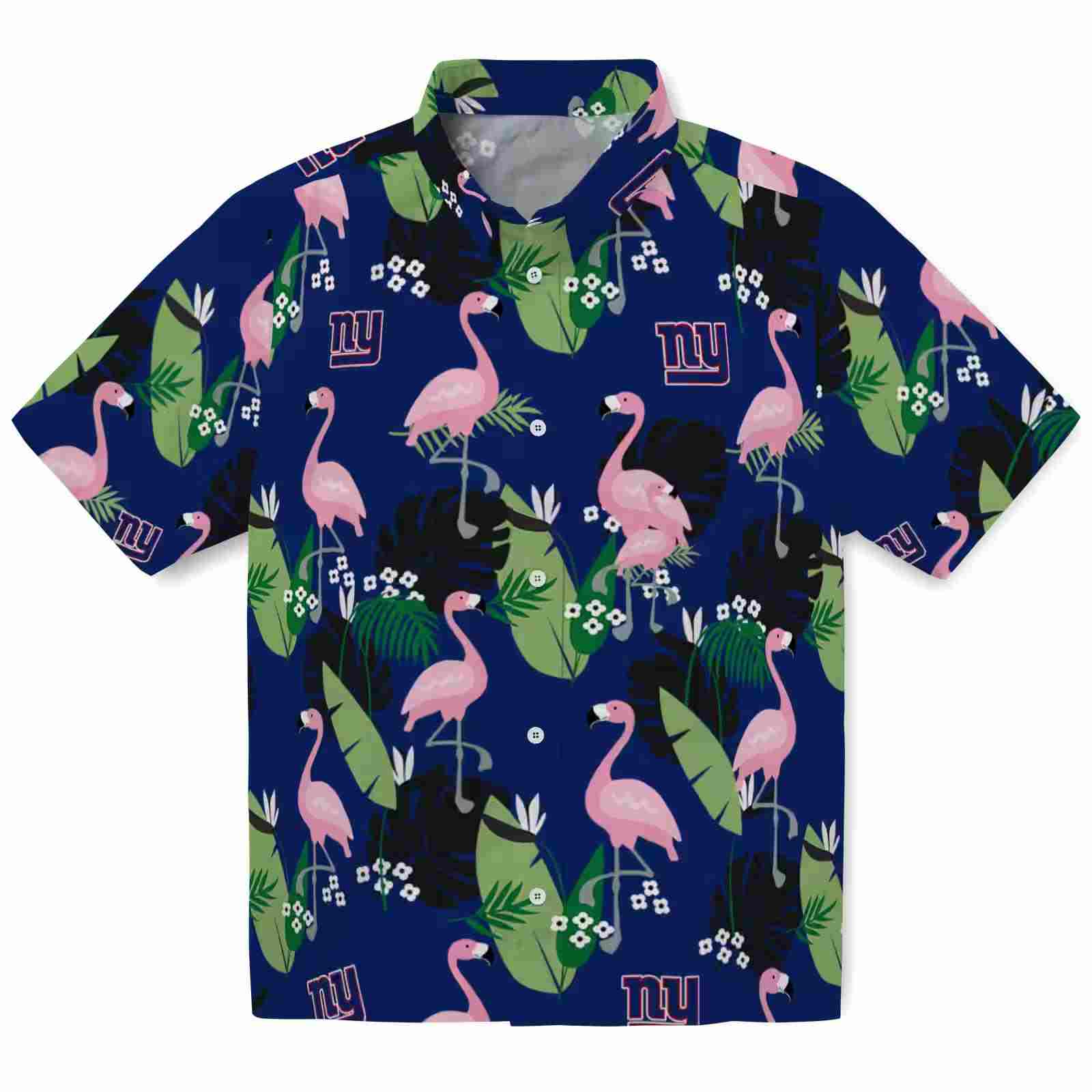 New York Giants Flamingo Leaf Motif Blue Hawaiian Shirt