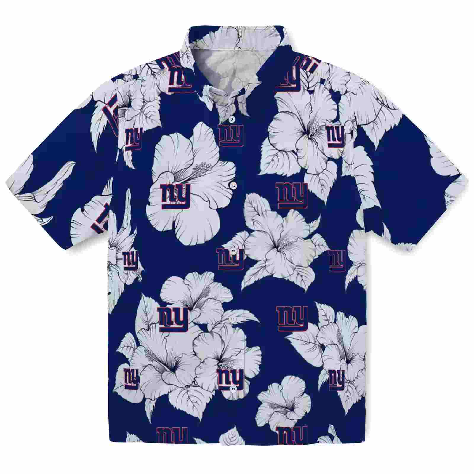 New York Giants Hibiscus Blooms Blue White Hawaiian Shirt