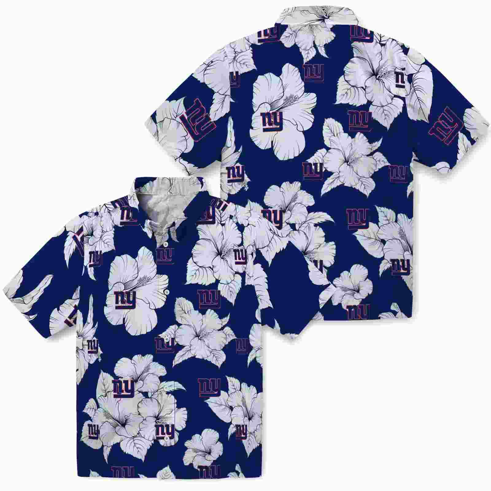 new york giants hibiscus blooms blue white hawaiian shirt high quality