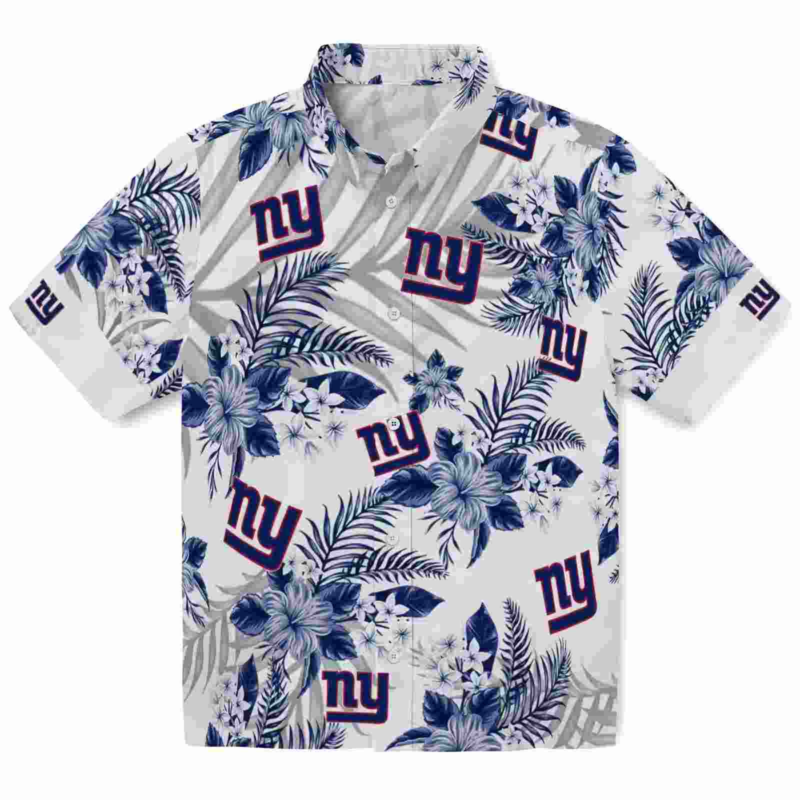 New York Giants Hibiscus Palm Leaves Blue White Hawaiian Shirt