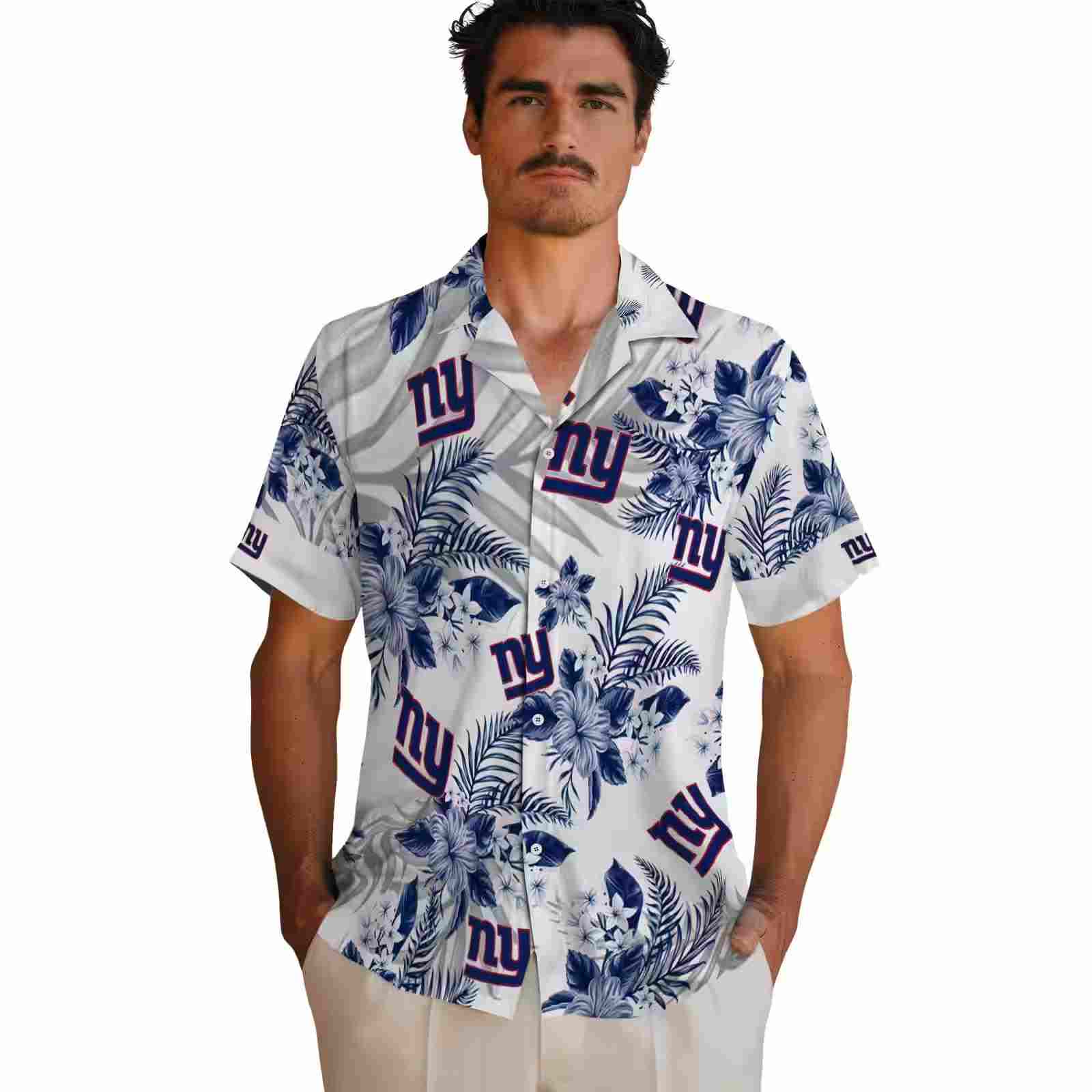 new york giants hibiscus palm leaves blue white hawaiian shirt fashion forward