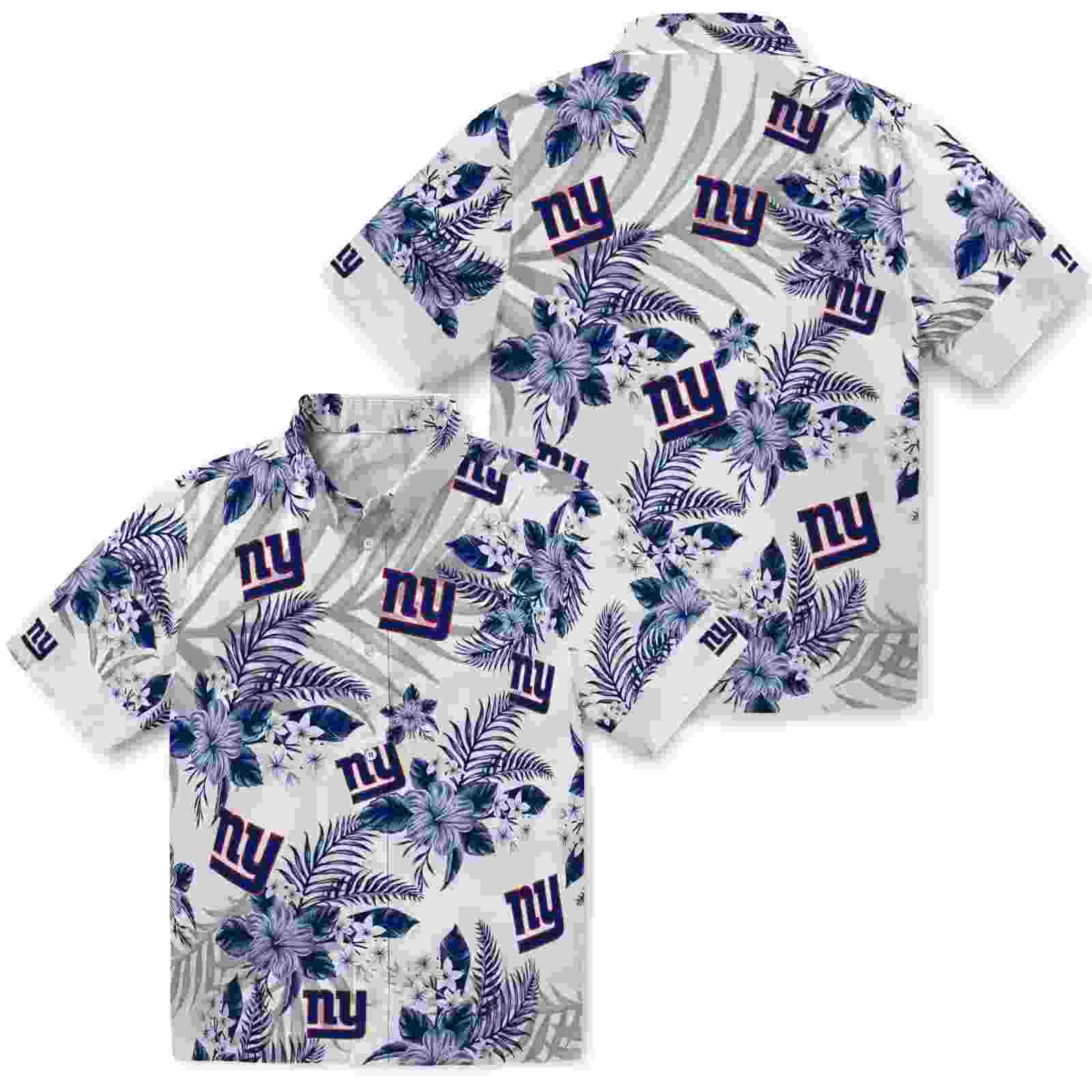 new york giants hibiscus palm leaves blue white hawaiian shirt high quality