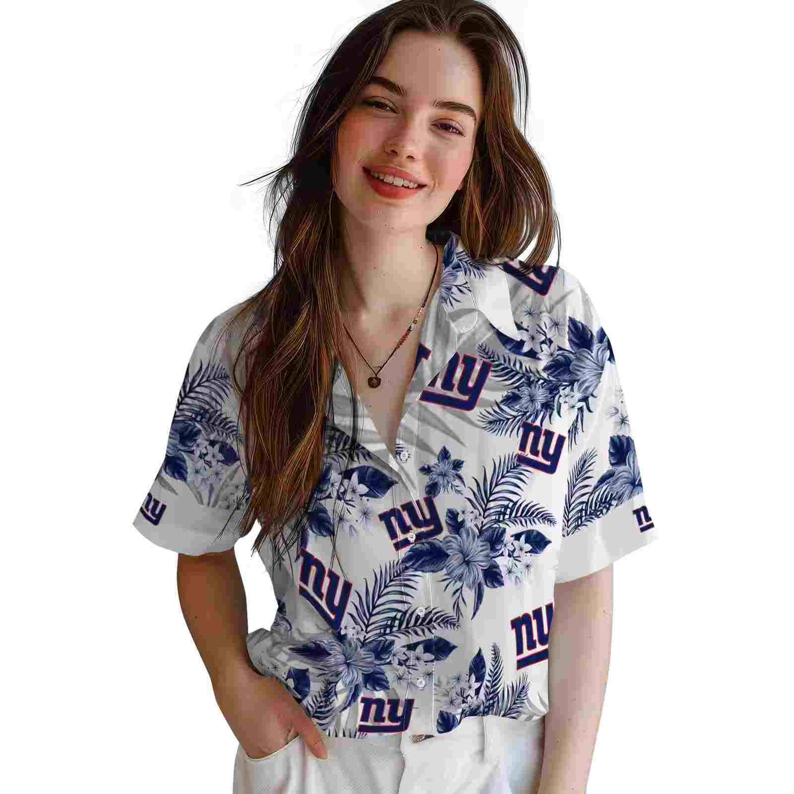 new york giants hibiscus palm leaves blue white hawaiian shirt latest model